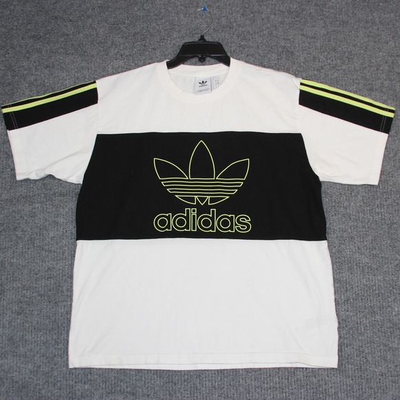 Adidas Trefoil Logo Graphic T Shirt Mens XL Black White Neon Stripe Tee - Picture 1 of 6